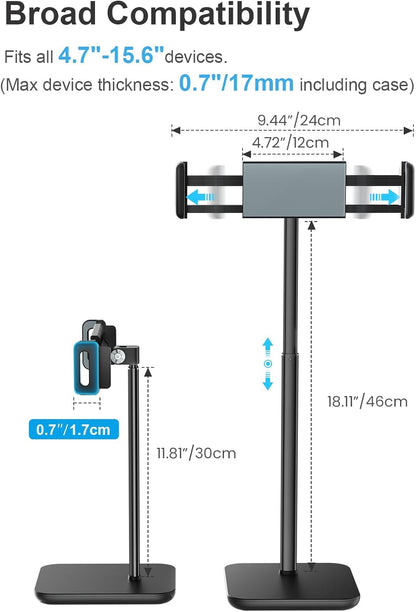 tounee Height Adjustable Tablet Stand, 3.5lb (1.6kg) Max Support, Up to 18" Tall, Slim Portable Monitors Stand Compatible with iPad Pro 12.9, Surface Pro, All 4.7"-15.6" Devices - Black