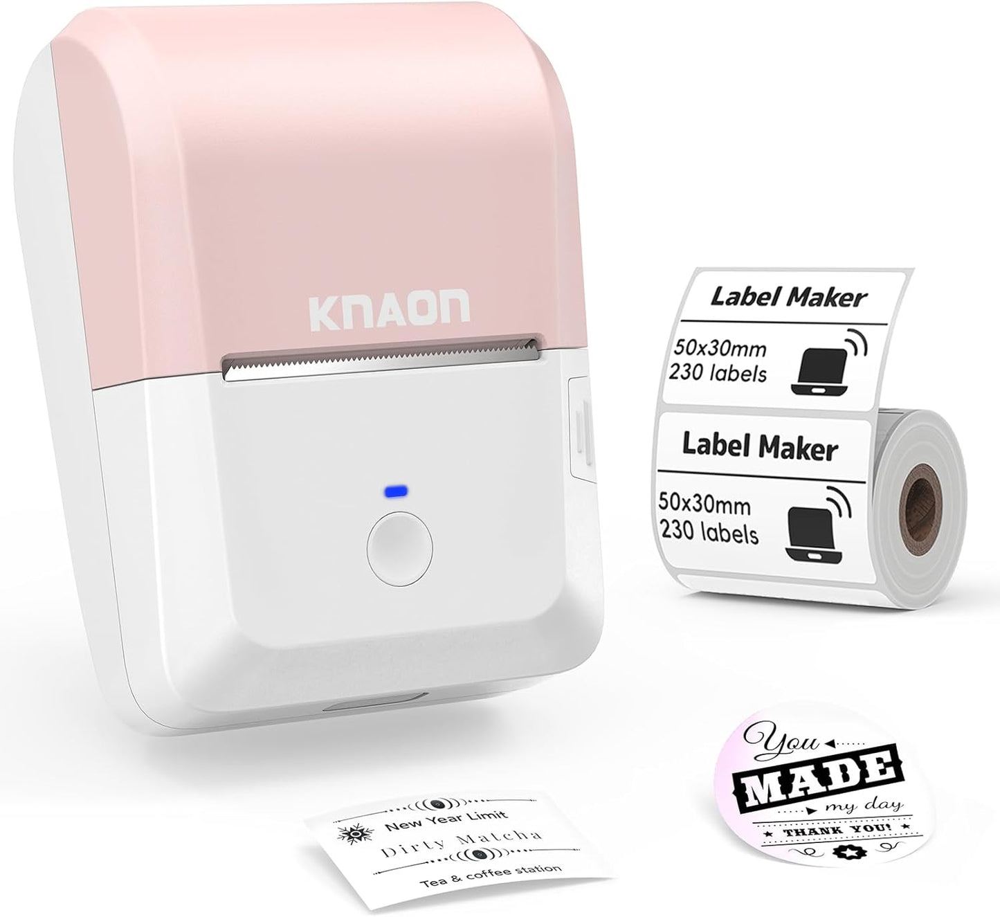 KNAON 2-inch Label Maker Machine with Tape, Portable Thermal Sticker Maker with 230 Labels, Wireless App & Bluetooth Connectivity for Home,Office,Business & School - Compact Label Machine, Pink