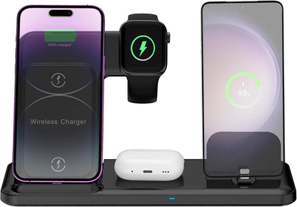 Wireless Charger for iPhone Charging Station, Foldable 4 in 1 Fast Charging for iPhone 16 15 14 13 12 Pro Max Plus, Charger Stand for Apple Watch & Airpods 4 3 2 Pro,for Samsung Series Black