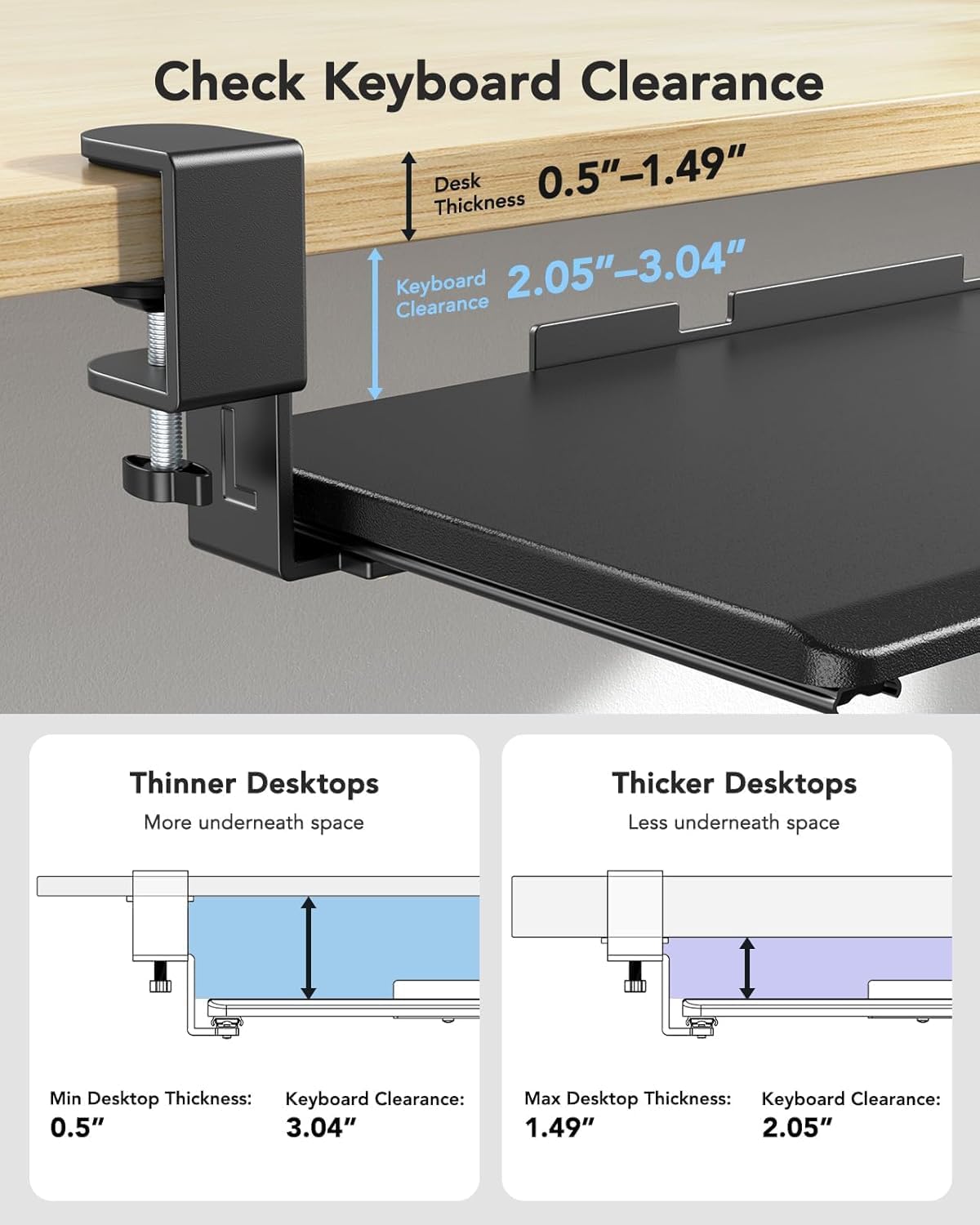 HUANUO Keyboard Tray Under Desk, Keyboard Holder with C-Clamp Hardware, 26.5″ W x 11.8″ D Slide Out Computer Keyboard & Mouse Tray for Home Office, Black, HNKB12B, Large