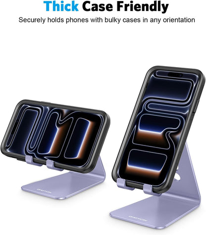 Adjustable Cell Phone Stand, OMOTON Aluminum Desktop Cellphone Stand with Anti-Slip Base and Convenient Charging Port, Fits All Smart Phones, Silver