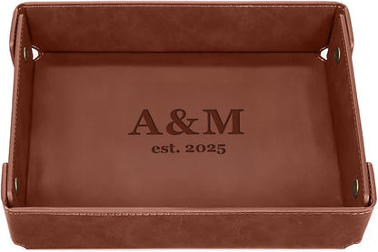 Engraved Leather Valet Tray for Men – Personalized Catchall with Custom Name for Desk, Dresser, Nightstand – Men's Organizer Tray for Keys, Wallet, Jewelry, Personalized Gift for Home, Office - Coffee