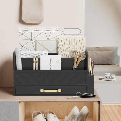 WISUCART Bamboo Desk Organizer Mail Holder Countertop Wood Desk Drawer Tabletop Storage Box Pen Holder Letter Sorter Makeup Organizer for School Home Office Supplies with Pen Holder White