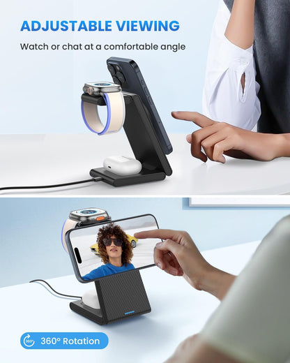 Charging Station for iPhone and Apple Watch: 3 in 1 Wireless Phone Charger Stand for iPhone 17 16 15 14 13 12 11 Pro Max & AirPods, Bedside Nightstand Docking