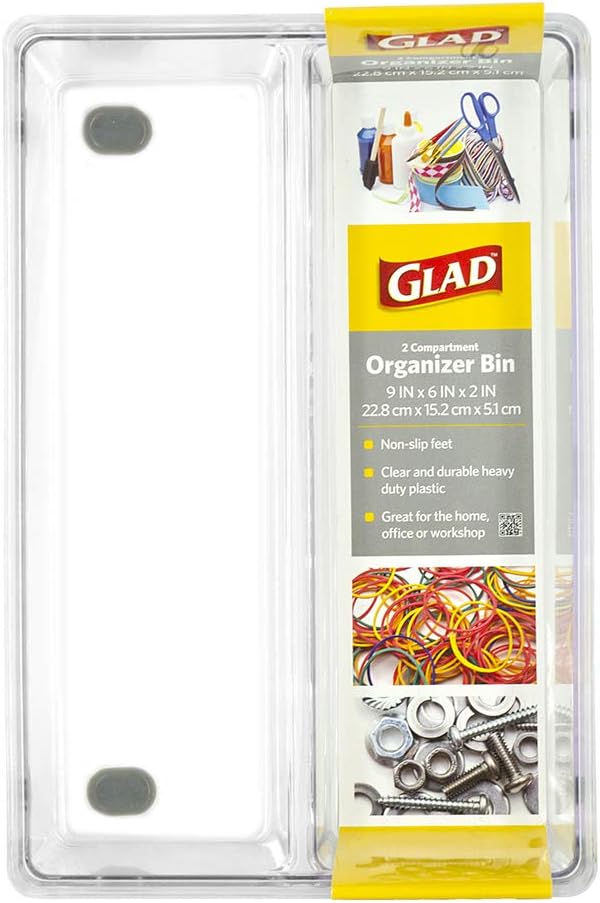 Glad Drawer Organizer Bin, 15x9 - Divided Clear Plastic Storage Tray for Junk Drawers, Kitchen Utensils, Bathroom Vanity, and Organizing Pantry - BPA Free, Food Safe, Non Slip