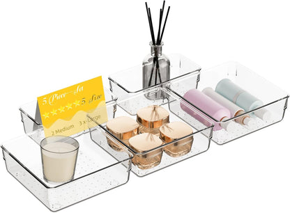 21 PCS Clear Plastic Drawer Organizer Set with 15 Inch Extra Long Bins, 5 Sizes Acrylic Makeup Organizer and Storage Trays, Non Slip Dividers for Vanity, Kitchen and Office