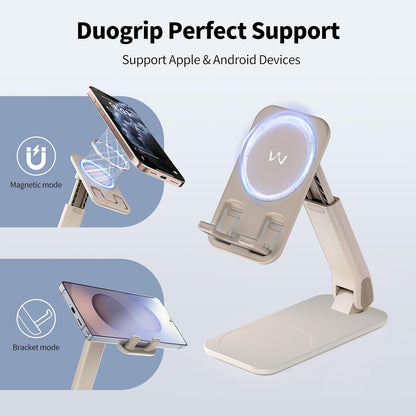 iWALK Magnetic Cell Phone Stand for Desk, Angle and Height Adjustable Mobile Phone Holder, Foldable Magnet Stand for iPhone 17 16 15 14 13 12 Pro Max and iPad, Cell Phone Holder for Samsung, White