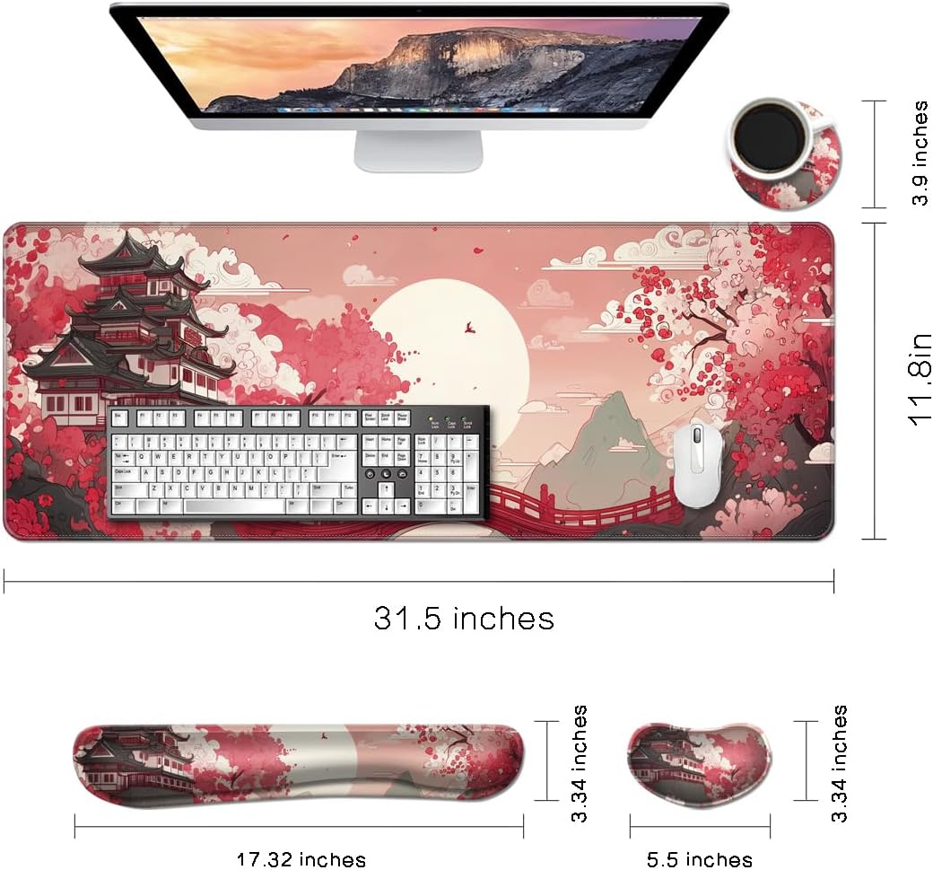MIBITRI Keyboard Mouse Pad Set, Extended Gaming Mouse Pad+Ergonomics Keyboard Wrist Rest Support, Memory Foam, Easy Typing Pain Relief, 4Pcs XXL Ultra Thick Desk Mat, Enchanted Bookshelf