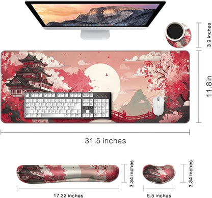 MIBITRI Keyboard Mouse Pad Set, Extended Gaming Mouse Pad+Ergonomics Keyboard Wrist Rest Support, Memory Foam, Easy Typing Pain Relief, 4Pcs XXL Ultra Thick Desk Mat, Enchanted Bookshelf