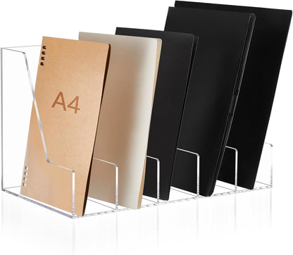 Suzile Clear Acrylic Magazine File Holder with Vertical Compartments Desk Organizer Book Rack for Desk Sorter Paper Folder Office Accessories(Clear,14.2 x 7.2 x 6.5 Inch)