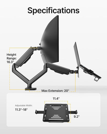 monTEK Laptop Arm Mount for Desk, 2-in-1 Monitor & Laptop Stand with Adjustable Laptop Tray, Fits Max 18" Notebook and 32" Screen, Aluminum Single Monitor Holder with VESA 75/100, Clamp/Grommet, Black