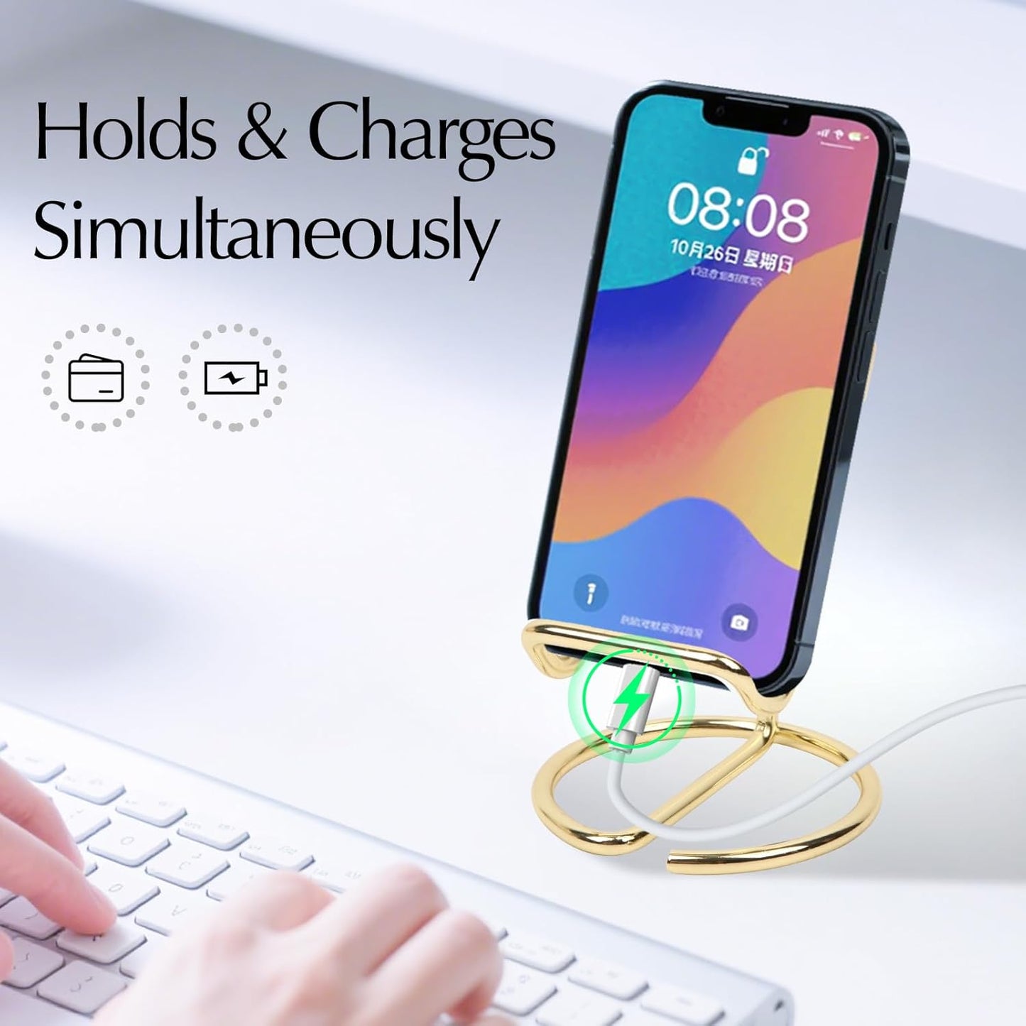 Phone Stand for Desk, Sturdy Metal Gold-Plated Phone Stand for Office Desk, Hands-Free Phone Charging Holder for Phone Calling and Watching Videos