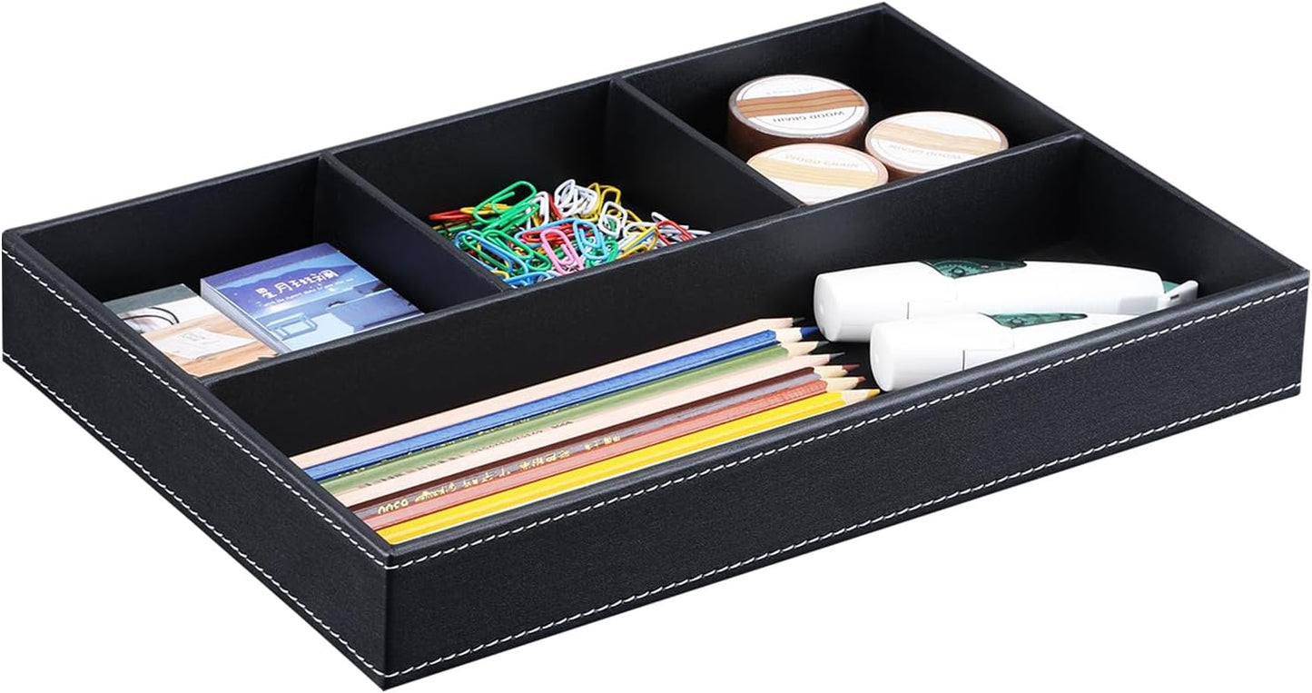 KINGFOM Pu Leather Desk Organizer Tray, 4 Compartment Office Storage Supplies Stationery Drawer Tray, Nightstand Bedside Tray for Key, Wallet, Watch, Coin, Phone Valet Tray Stackable