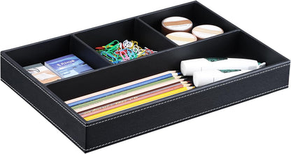 KINGFOM Pu Leather Desk Organizer Tray, 4 Compartment Office Storage Supplies Stationery Drawer Tray, Nightstand Bedside Tray for Key, Wallet, Watch, Coin, Phone Valet Tray Stackable