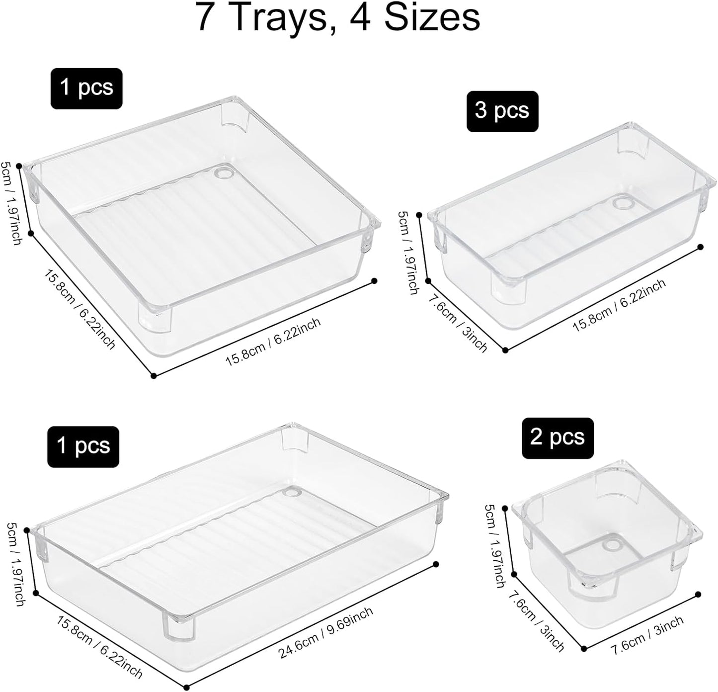 AMEITECH 7 PCS Clear Drawer Organizer Set, 4 Sizes Acrylic Drawer Storage Trays, Plastic Desk Drawer Organizer for Office, Storage Bins for Makeup, Vanity, Bedroom, Kitchen Gadgets Utensils