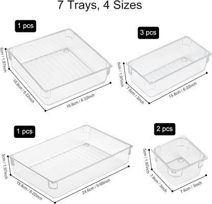AMEITECH 7 PCS Clear Drawer Organizer Set, 4 Sizes Acrylic Drawer Storage Trays, Plastic Desk Drawer Organizer for Office, Storage Bins for Makeup, Vanity, Bedroom, Kitchen Gadgets Utensils
