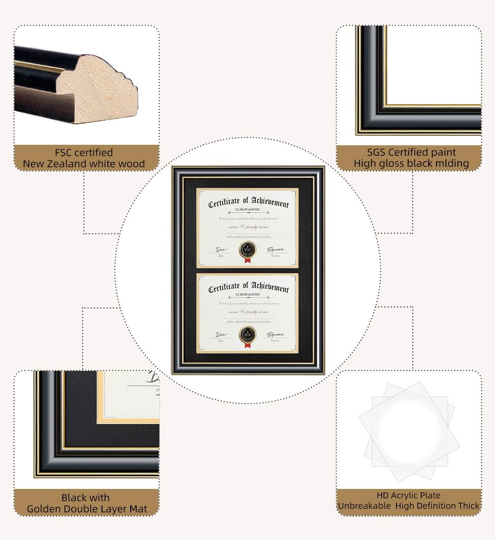 ELSKER&HOME Diploma Frame - Wide Solid Wood Frame - Black Velvet Golden Rim Mat - Semi-Tempered Glass - Includes Hanging Hardware and Desktop Easel(ONLY Display 11×14 Document/Certificate)
