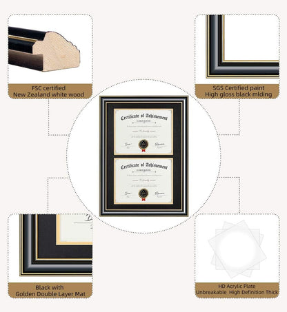 ELSKER&HOME Diploma Frame - Wide Solid Wood Frame - Black Velvet Golden Rim Mat - Semi-Tempered Glass - Includes Hanging Hardware and Desktop Easel(ONLY Display 11×14 Document/Certificate)