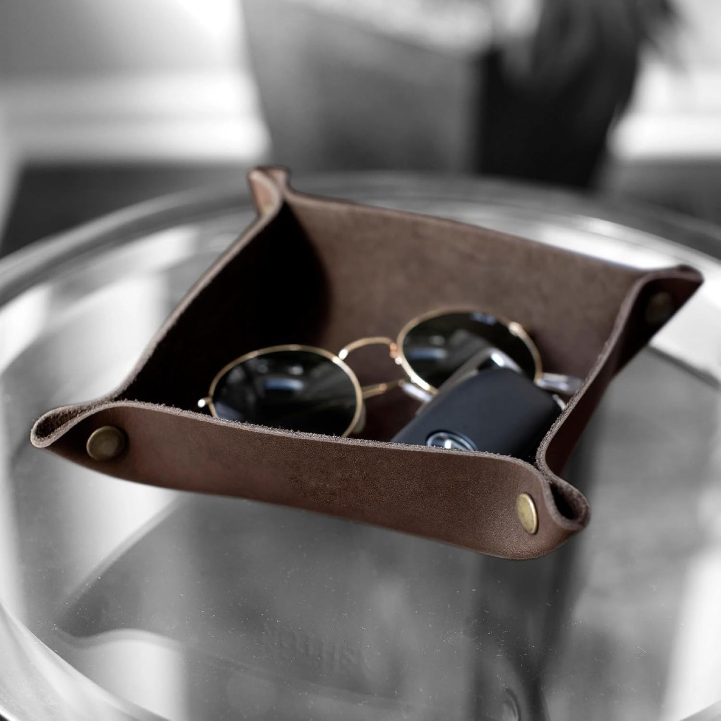 Genuine Leather Valet Tray | Desk Organizer | Catchall Tray | Full Grain Leather. Dimensions 6 x 6 x 1.75”. Made in The USA