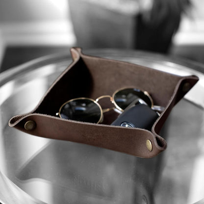 Genuine Leather Valet Tray | Desk Organizer | Catchall Tray | Full Grain Leather. Dimensions 6 x 6 x 1.75”. Made in The USA