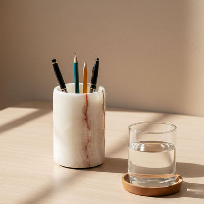 Radicaln Marble Pen Holder For Desk 4" Inches Green Onyx Handmade Makeup Brush Cup for Girls, Bathroom Tumbler Cup, Durable Office & Home Organizer Pencil Holder