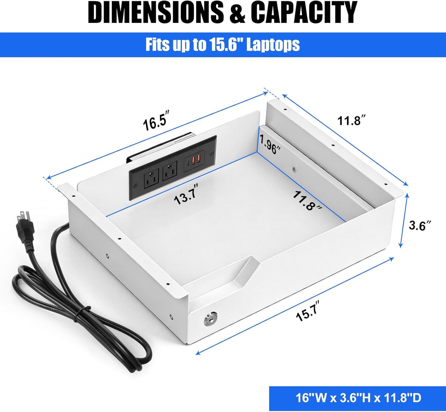 Under Desk Drawer Storage with Lock, Metal Undermount Table Drawer, Ball Bearing Slides Out Tray Organizer for Paper, Pencil, and Laptop 16"x11.8"x3.6", White