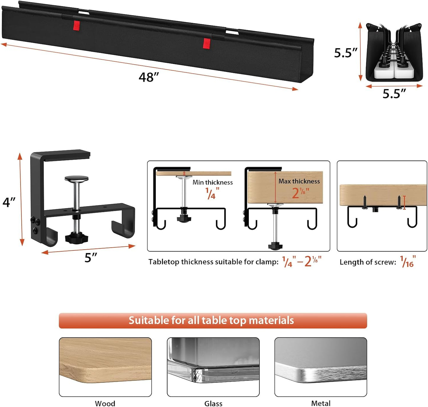 Univivi No Drill Under Desk Cable Management Tray, 36" Cord Organizer for Table, Clamp/Screw Mount Desk Cable Management, Premium Fabric Cable Management Tray for Office, Home