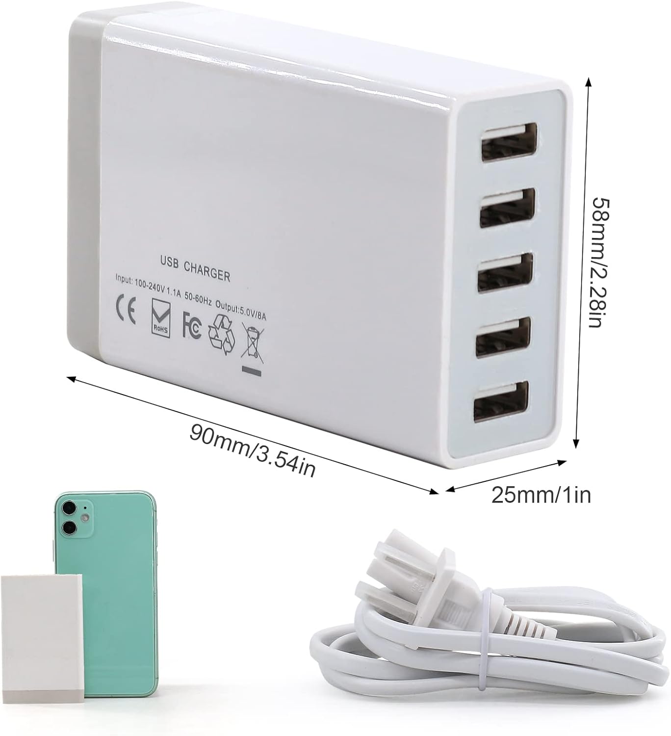 Pezin & Hulin Bamboo Charging Station for Multiple Devices with 5 Port USB Charger, 5 Cables and Watch Stand. Wood Desktop Docking Stations Organizer for Cell Phone, Tablet, Watch, Office Accessories