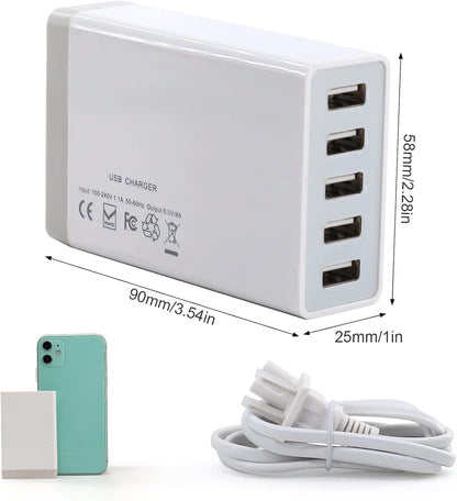 Pezin & Hulin Bamboo Charging Station for Multiple Devices with 5 Port USB Charger, 5 Cables and Watch Stand. Wood Desktop Docking Stations Organizer for Cell Phone, Tablet, Watch, Office Accessories