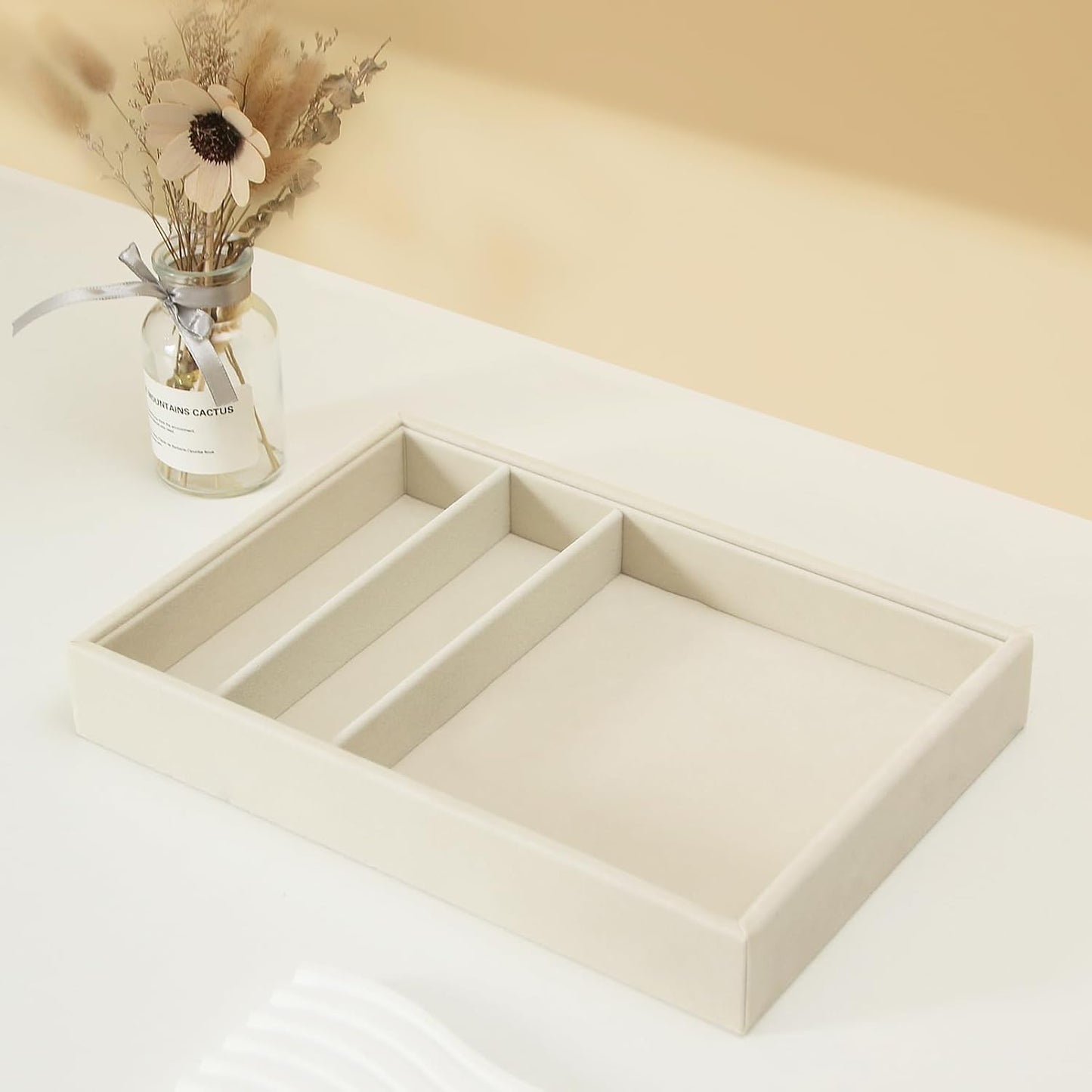 Bedside Organizer - Multi-use Nightstand & Desk-top Catchall Tray for Jewelry, Sunglasses, Phone, Watch, Perfume, Lipstick (Beige 3Grid)