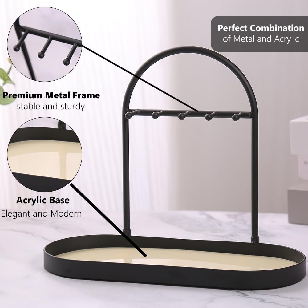 Shinpuru Metal Jewelry Organizer Stand & Key Holder Tray with Acrylic Base, Key Stand and Jewelry Tray with 5 Hooks, Perfect Key Bowl, Valet Key Tray, Ring Holder, Jewelry Dish (Silver Black)