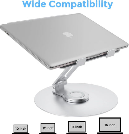 Swivel Laptop Stand for Desk, Adjustable Height Aluminum Computer Stand with 360 Rotating Base, Foldable Ergonomic Riser, Portable Laptop Holder Compatible with MacBook, All Laptops 10-17'', Grey