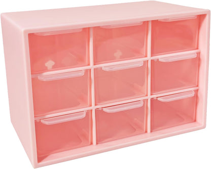 Small Drawer Organizer for Desk, 7.1" x 3.8" x 4.6" Mini Desktop Drawer Organizer with 9 Clear Drawers, Compact Craft & Office Supplies Organizer for Home School (Pink)