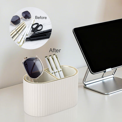 KINGFOM PU Leather Desk Organizer Pen Holder – Dual-Compartment Stylish Pencil Cup Remote Control Holder Desktop Supplies and Accessories Organizer Caddy for Office Home School (Light Beige)