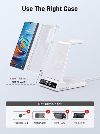 Wireless Charger for Samsung Charging Station: 3 in 1 Android Charging Stand with Dimmable Clock - Nightstand Organizer for Galaxy S25 Ultra, Galaxy Watch 8 7 6 5 4, Galaxy Buds, Space-Saving Charger