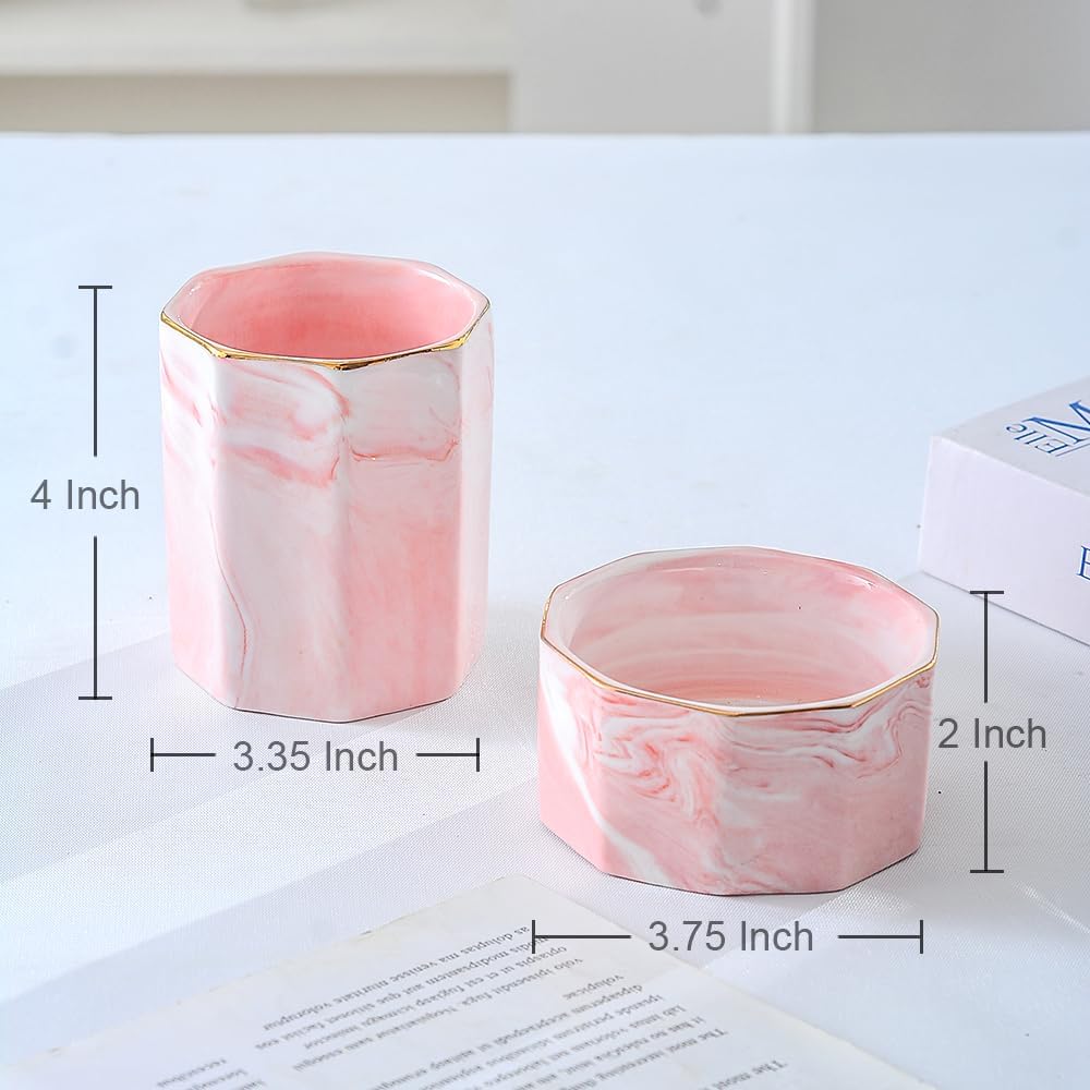 Aesthetic Desk Organizer Set of 2 For Office, Checkered Pen Holder and Paper Clip Holder Dispenser, Ceramic Cute Pencil Cup, Desktop Accessories, Office Decor, Ideal Gifts for Mom (Pink-White)