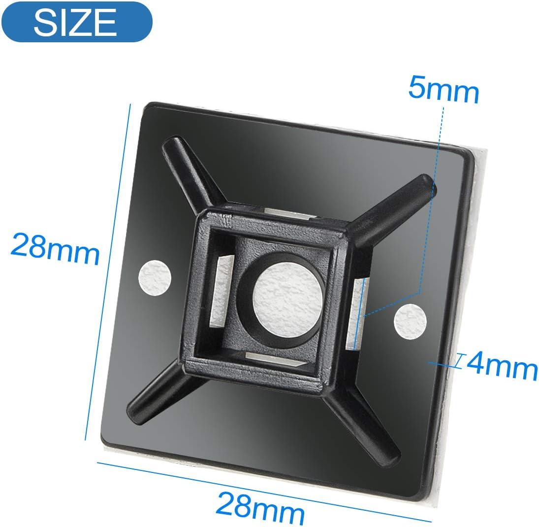 XHF 100 PCS 3/4" Black Self Adhesive Cable Zip Tie Mounts Wire Cable Clips Holders Management Anchors Organizer Holders Squares(HS-101S)