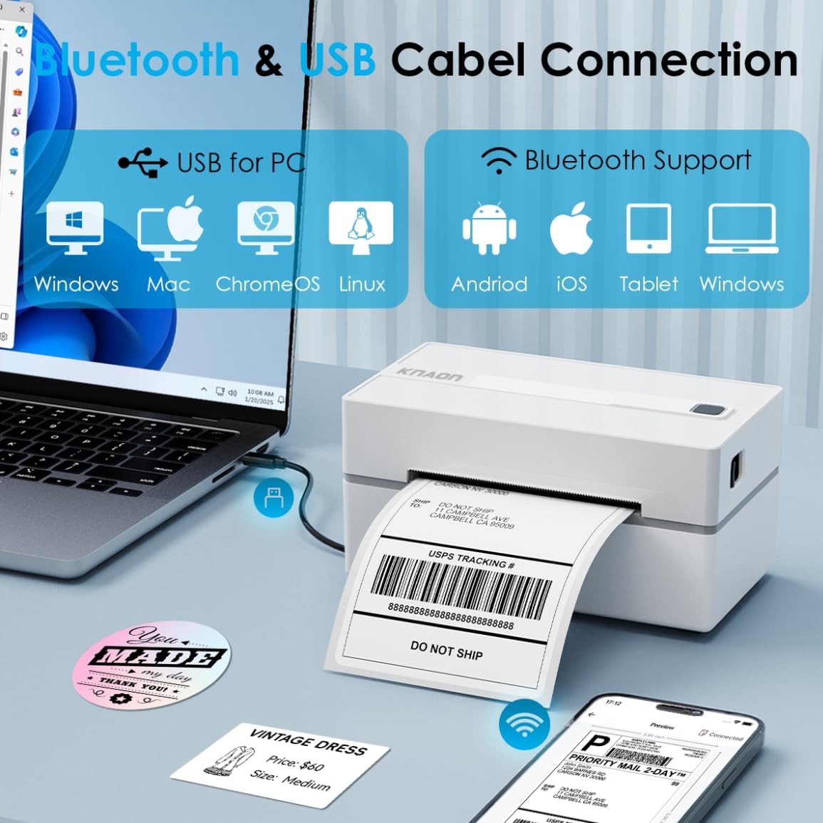 KNAON Bluetooth Thermal Shipping Label Printer, 4x6 Portable Thermal Address Label Printer for Small Business, Compatible with iPhone,Android,Windows,Mac–Works with Etsy Shopify USPS&More, White