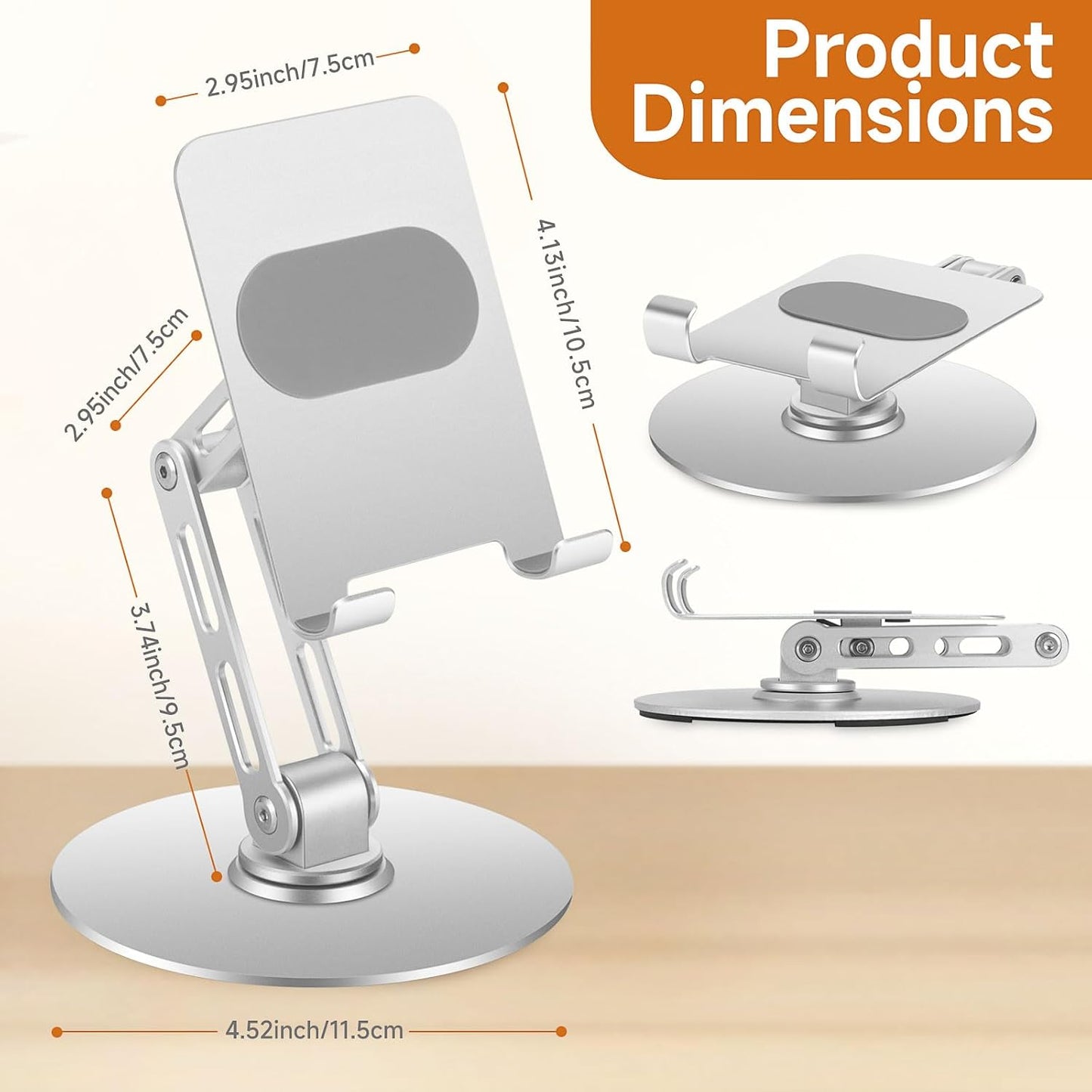 Adjustable Aluminum Phone Stand for Desk, No Wobble Heavy Base, Height Adjustable iPhone & iPad Stand, 360° Rotating Foldable Phone Holder for Desk Office Home (4–11”)