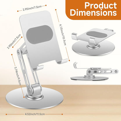 Adjustable Aluminum Phone Stand for Desk, No Wobble Heavy Base, Height Adjustable iPhone & iPad Stand, 360° Rotating Foldable Phone Holder for Desk Office Home (4–11”)