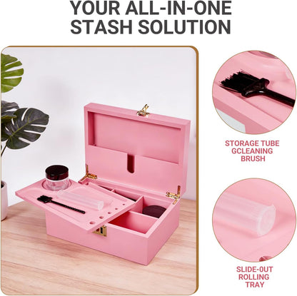 Bamboo Wood Desktop Organizer with 3 Glass Jars and Sliding Tray - Red Multi-Compartment Storage Case for Craft Supplies, Stationery, and Small Accessories (Pink)