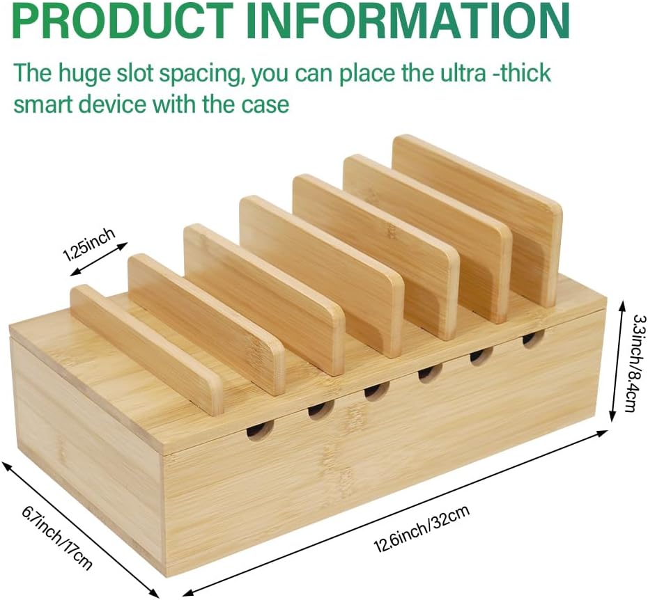 Bamboo Charging Station for Multiple Devices, Desk Docking Stations Organizer Compatible with iPhone Devices, Wood Charging Cell Phone Holder Stand (Includes 6 Cables) (NO Power Supply)