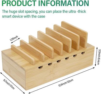 Bamboo Charging Station for Multiple Devices, Desk Docking Stations Organizer Compatible with iPhone Devices, Wood Charging Cell Phone Holder Stand (Includes 6 Cables) (NO Power Supply)