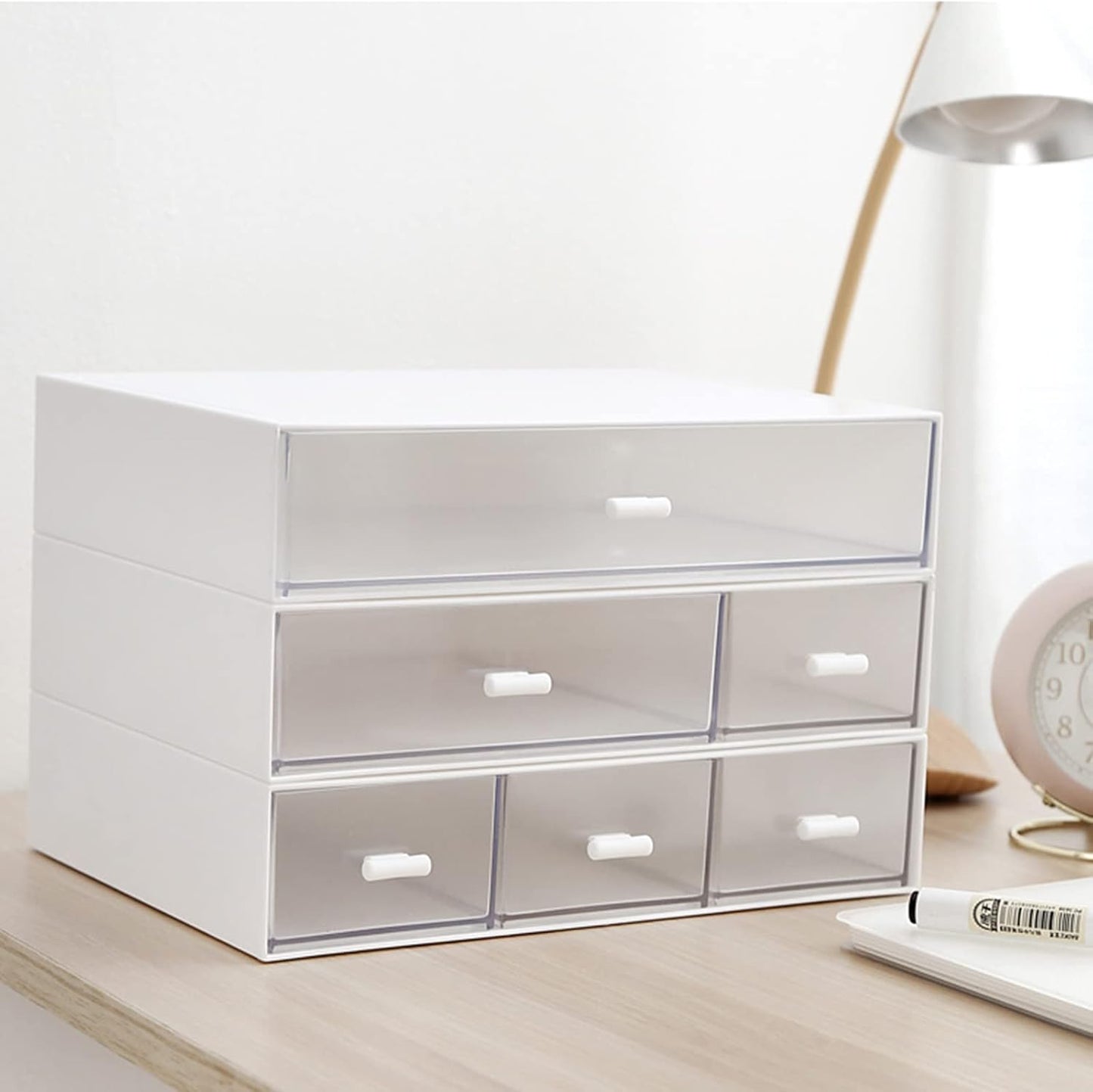 Desk Organizer with Drawers Stackable Storage Drawers, Plastic Compact Desk Storage Box Great for Office School Home Small Space- 1drawers (White)