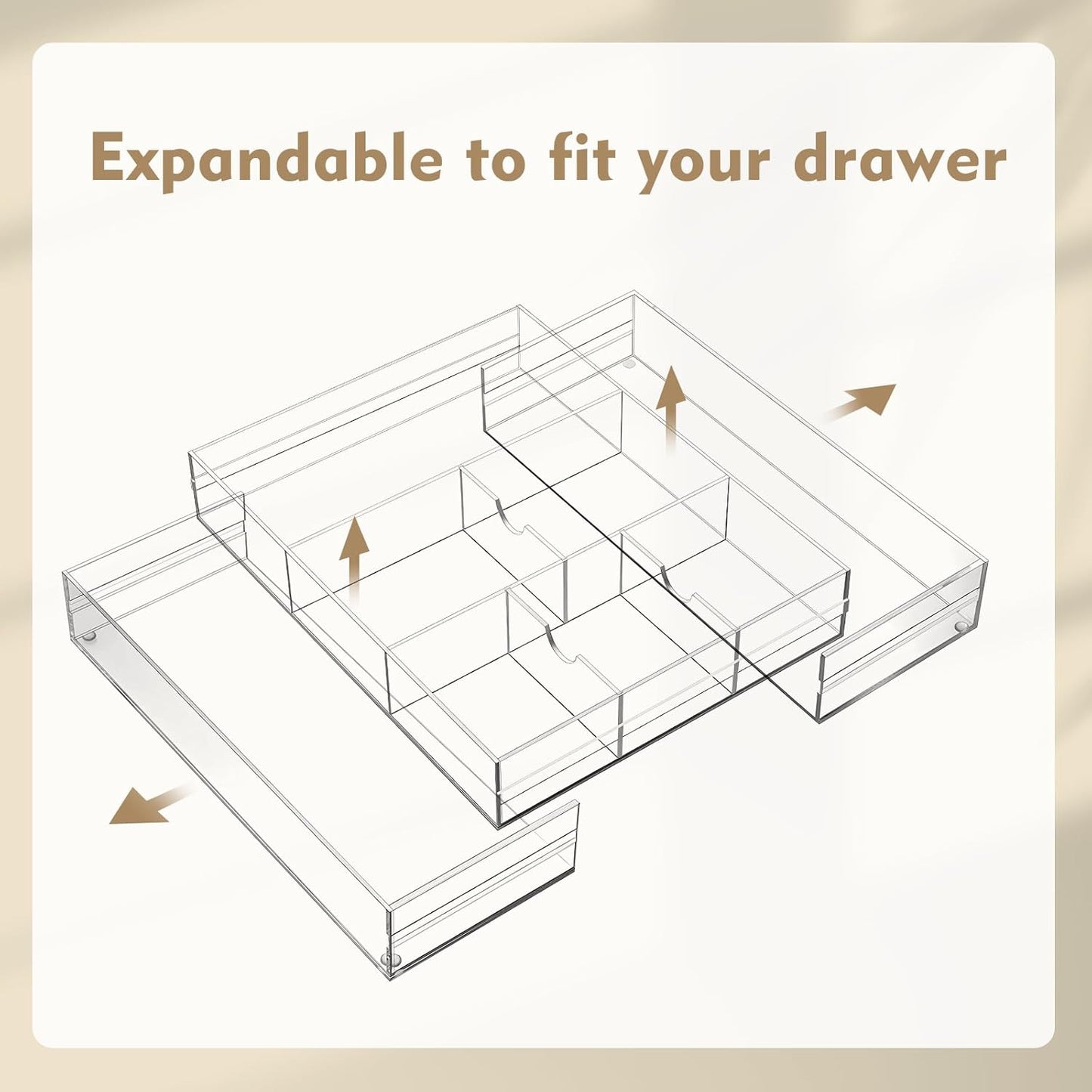 Briwooody 1 Pcs Acrylic Desk Drawer Organizer 9'' up to 16'' x 12'' x 2.2'' Expandable Drawer Organizer Trays with 10 Adjustable Compartments Clear Desk Accessories for Makeup Office Bathroom
