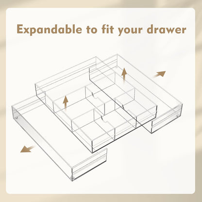 Briwooody 1 Pcs Acrylic Desk Drawer Organizer 9'' up to 16'' x 12'' x 2.2'' Expandable Drawer Organizer Trays with 10 Adjustable Compartments Clear Desk Accessories for Makeup Office Bathroom