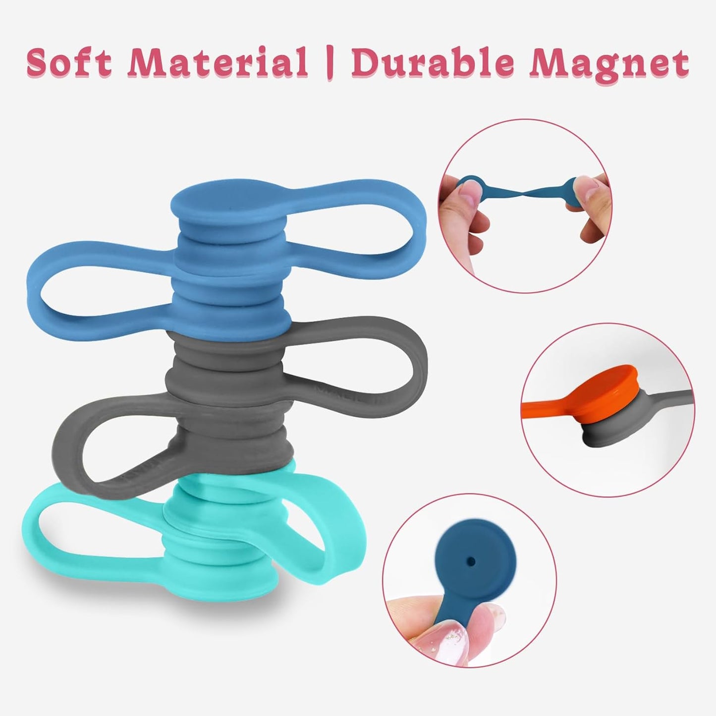 Viaky 6 Packs Magnet Wire Winder Straps, Multi-Colored Noticeboard Fridge Clips Silicone Cable Organizer Reusable Tie Phone Earbuds Bookmark Whiteboard Fridge (Lake Blue, Blue, Gray)
