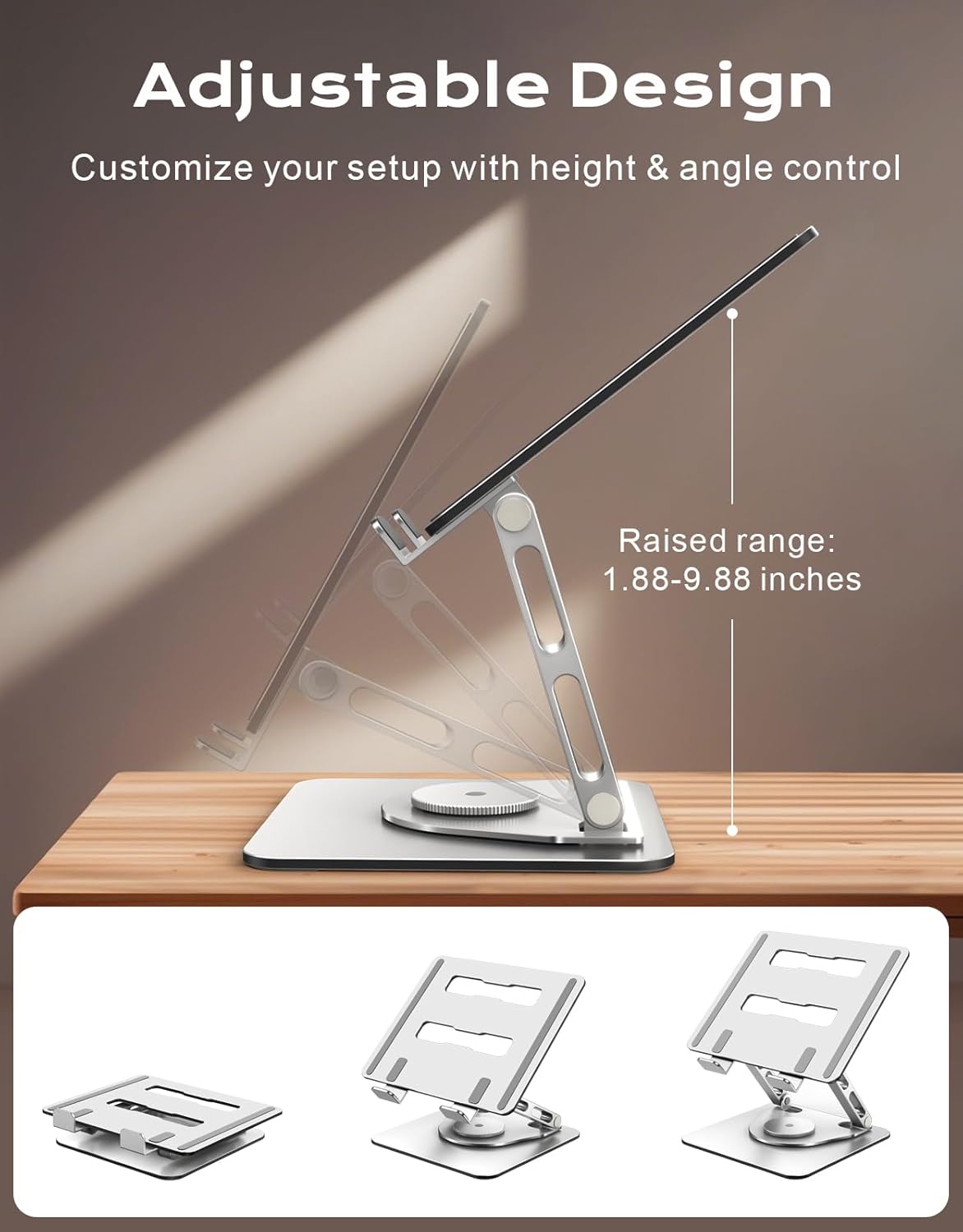 RIWUCT 360° Rotatable Laptop Stand for Desk Adjustable Height, Ergonomic Laptop Riser Holder with Dual-bar Support, Portable Computer Notebook Stand for MacBook Air Pro, Dell XPS, HP (10-16")