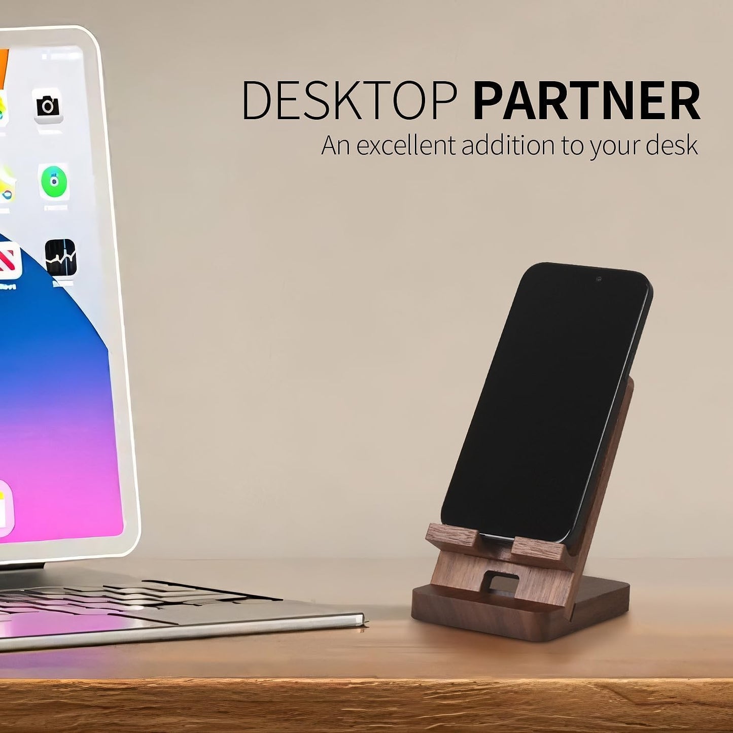Wood Phone Stand, Desktop Wooden Phone Holder, Portable Office Phone Stand for Desk, Wood ipad Stand, Compatible with iPhone & All Cell Phones (Walnut)