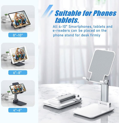 Cell Phone Stand, Angle Height Adjustable Cell Phone Holder with Silicon Pad for Desk Fully Forldable Mobile Phone Holder Compatible with All Mobile Phones, MT-6, (White)